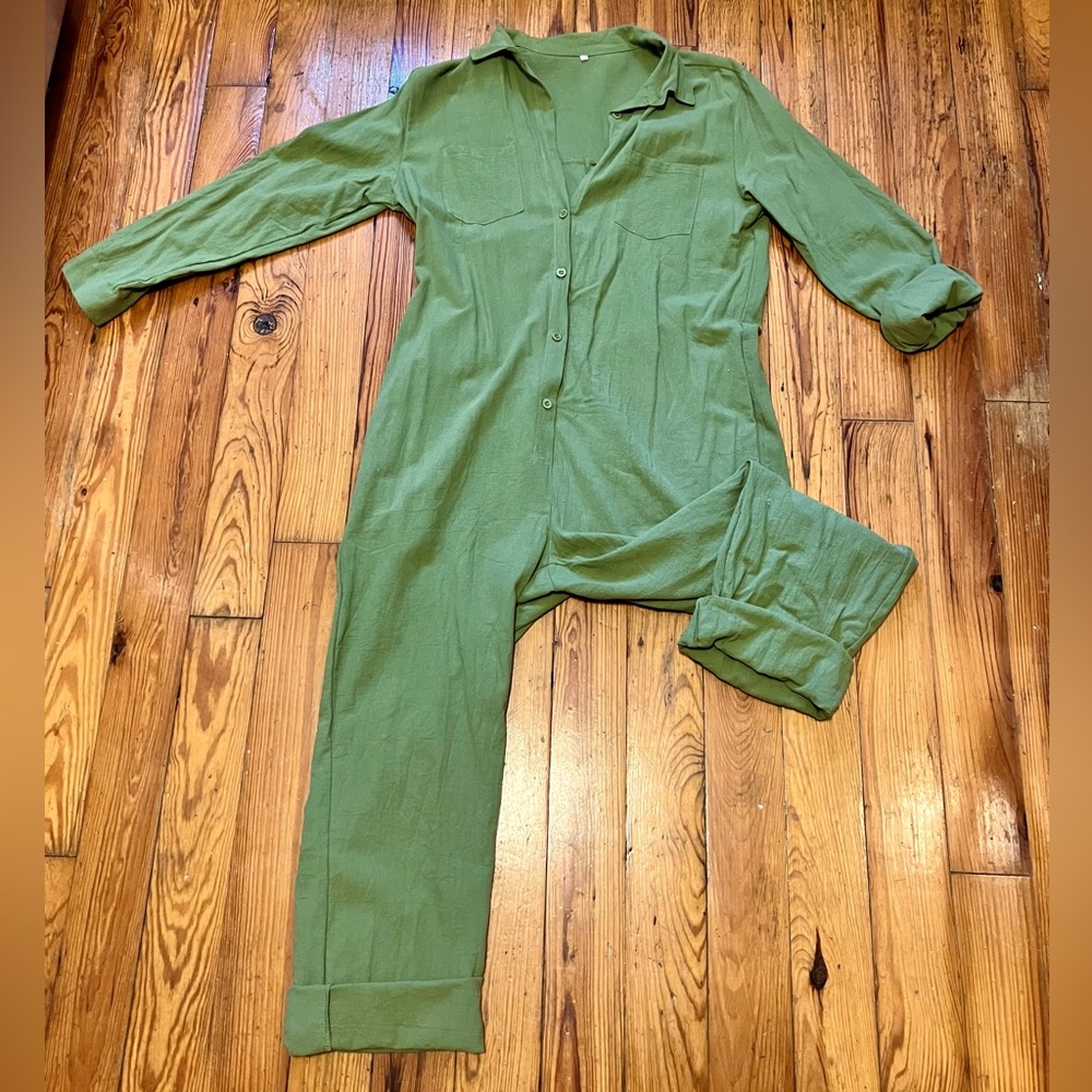 Utility jumpsuit, green, pockets, M, Cotton/linen